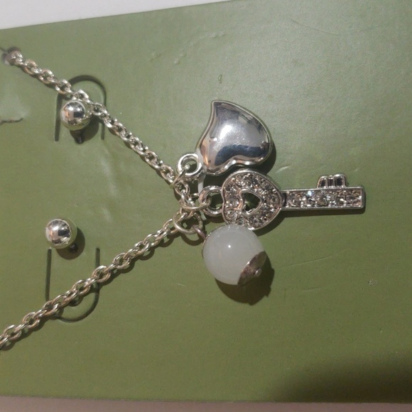 Silver-Tone Key, Heart & Pearl Pendant Necklace with Earrings - Women's Jewelry - Picture 3 of 6